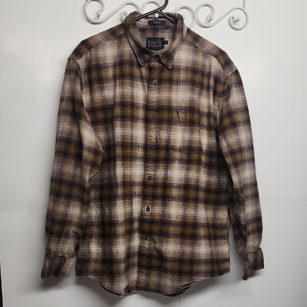 PENDLETON Mason brown and cream casual 100% cotton button-down shirt sz XL cozy